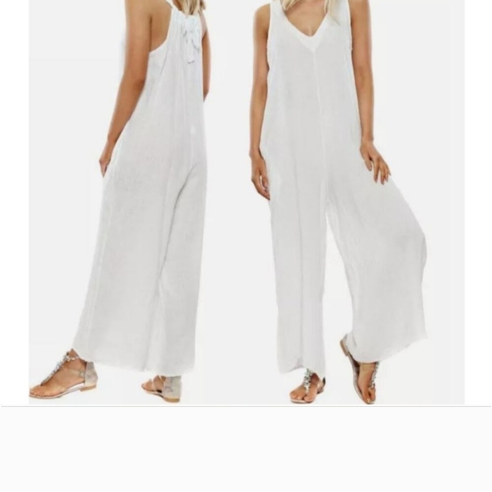 Elena Baldi Made In Italy White 100%linen Sleveless Relaxed Jumpsuit SZ Small